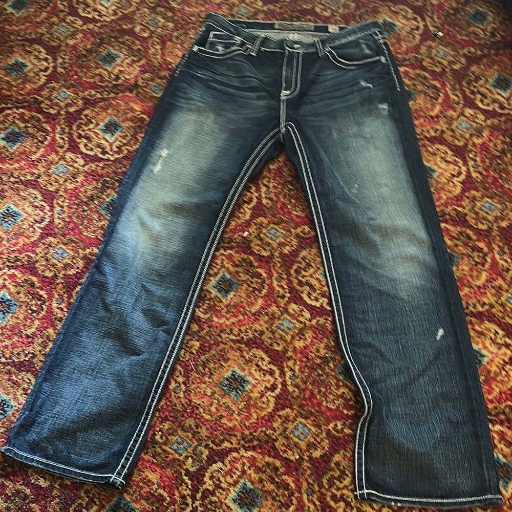 Classic Blue Straight-Leg Jeans with Distressed Details